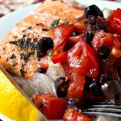 Roasted Salmon with Tomato Olive Relish