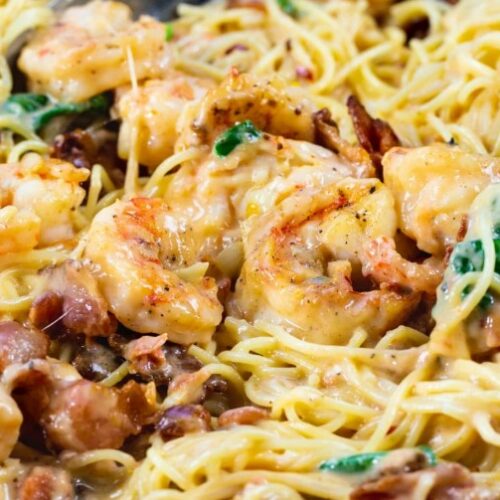Creamy Angel Hair Pasta with Bacon and Shrimp