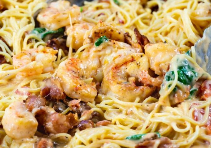 Creamy Angel Hair Pasta with Bacon and Shrimp