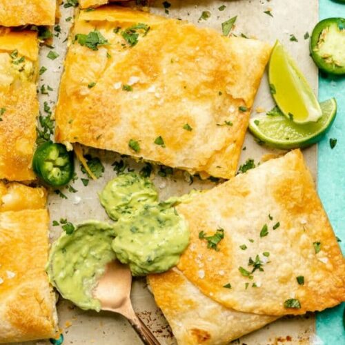Crispy Sheet Pan Quesadillas with Avocado Cilantro Sauce