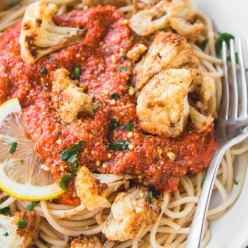 Pasta with Romesco Sauce and Roasted Cauliflower