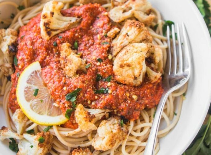 Pasta with Romesco Sauce and Roasted Cauliflower